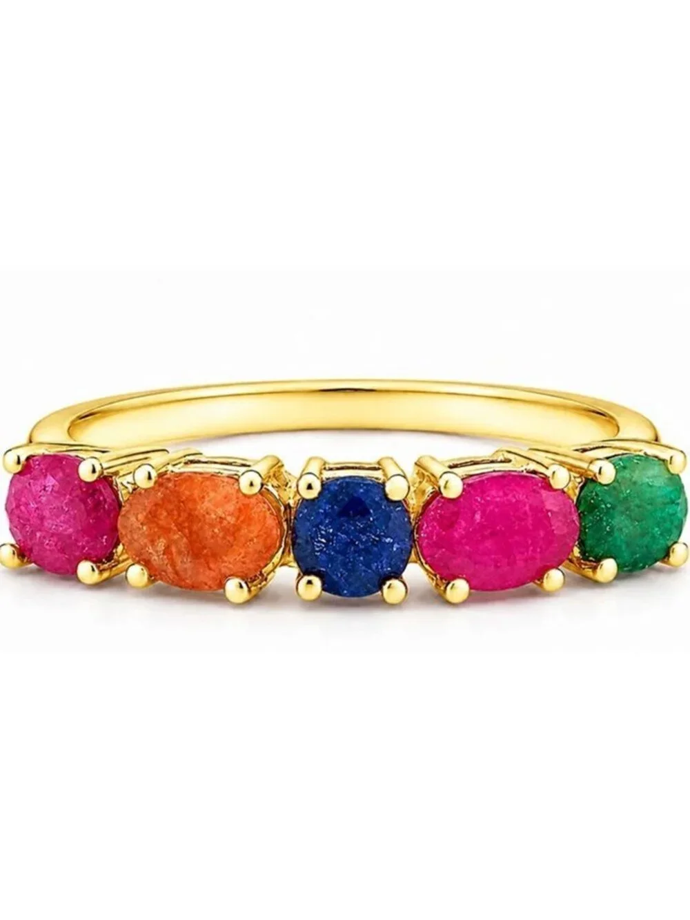 Genuine Ruby, Emerald, Blue Sapphire & Padparadscha Ring 14k Gold Plated (.925)